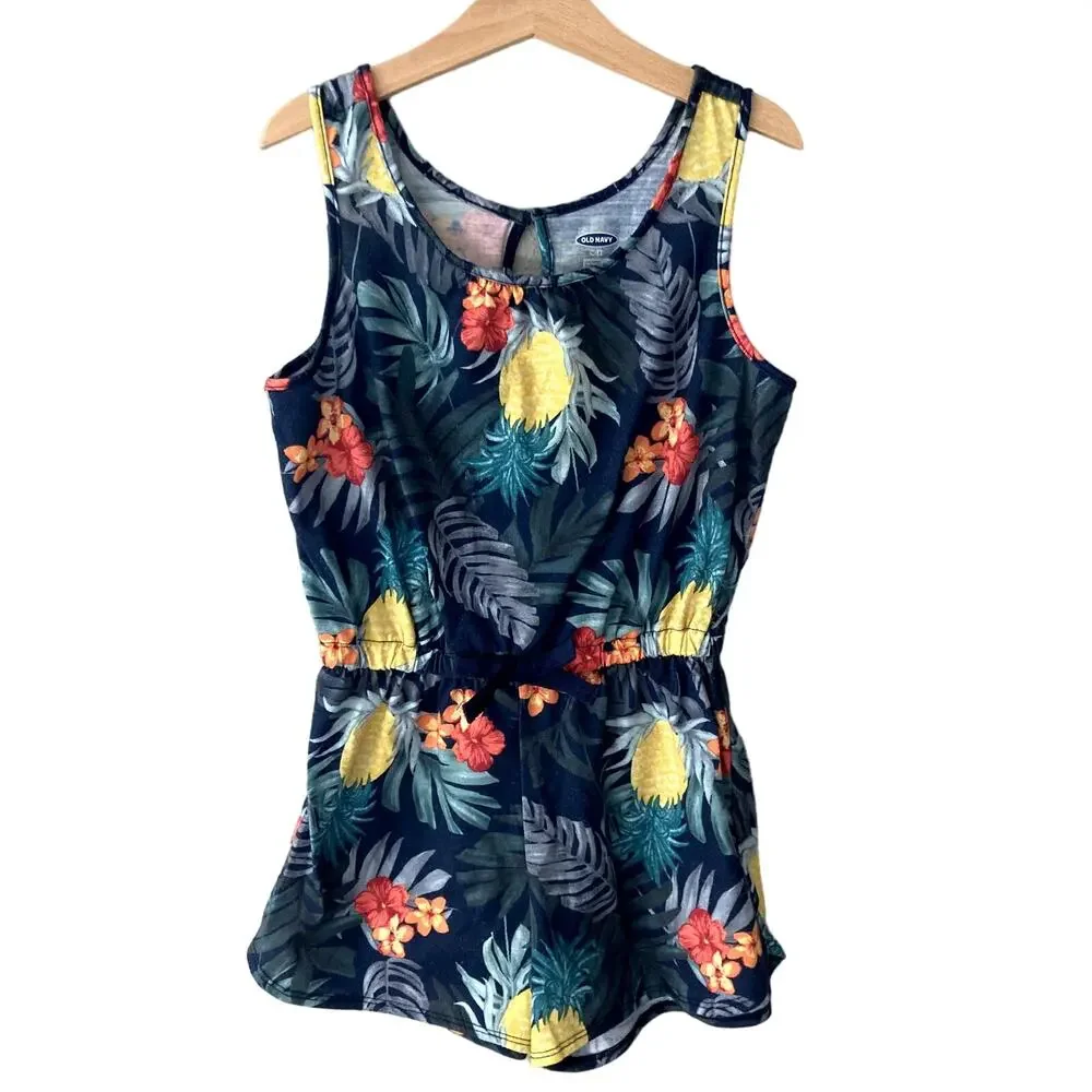Old Navy Sleeveless Jersey Pajama Romper - Tropical Palm Leaves - Navy Medium 8